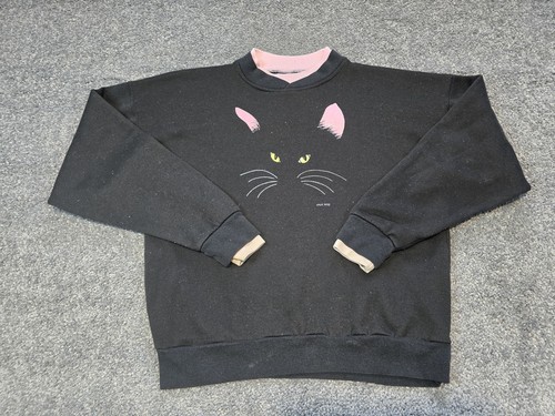 VINTAGE 80s Cat Sweater Womens M Black Pink Eyes Whiskers Cheri 1986 Cute Hallow