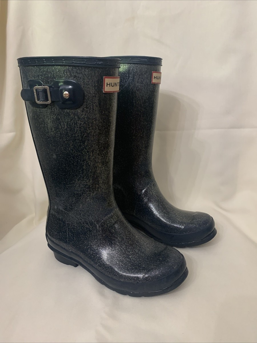 Hunter Girls Navy Blue Glittery Tall Rain Boots Size