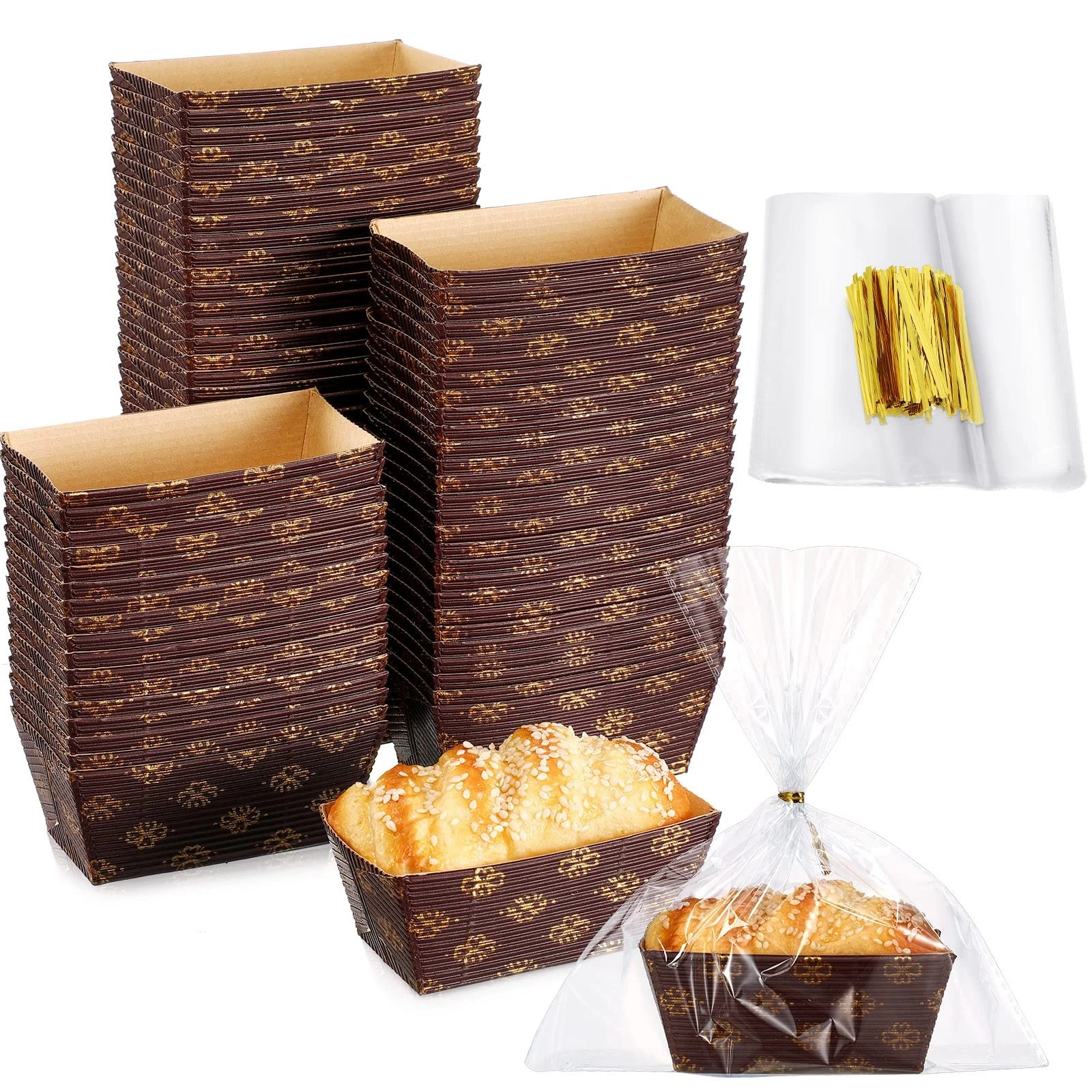100 Pcs Mini Disposable Paper Loaf Pan with Clear Plastic Bread Bags, 3.1 x 1...
