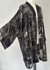 Maggie Carol Black Silver Grey Velvet Devore Patchwork Long Kimono Duster Jacket