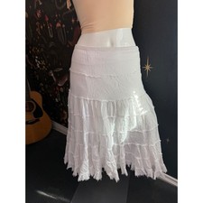 India Boutique White Cotton Tiered Midi Skirt Frayed Raw Edge Boho flaw