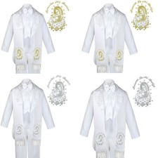 6pc Baptism White Tuxedo English Spanish Silver Gold Pope Mary on Stole S-7