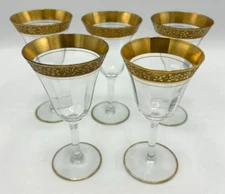 Vtg Gold Rimmed Clear Crystal 5.5" Small White Wine or Cordial Glass Set of 5