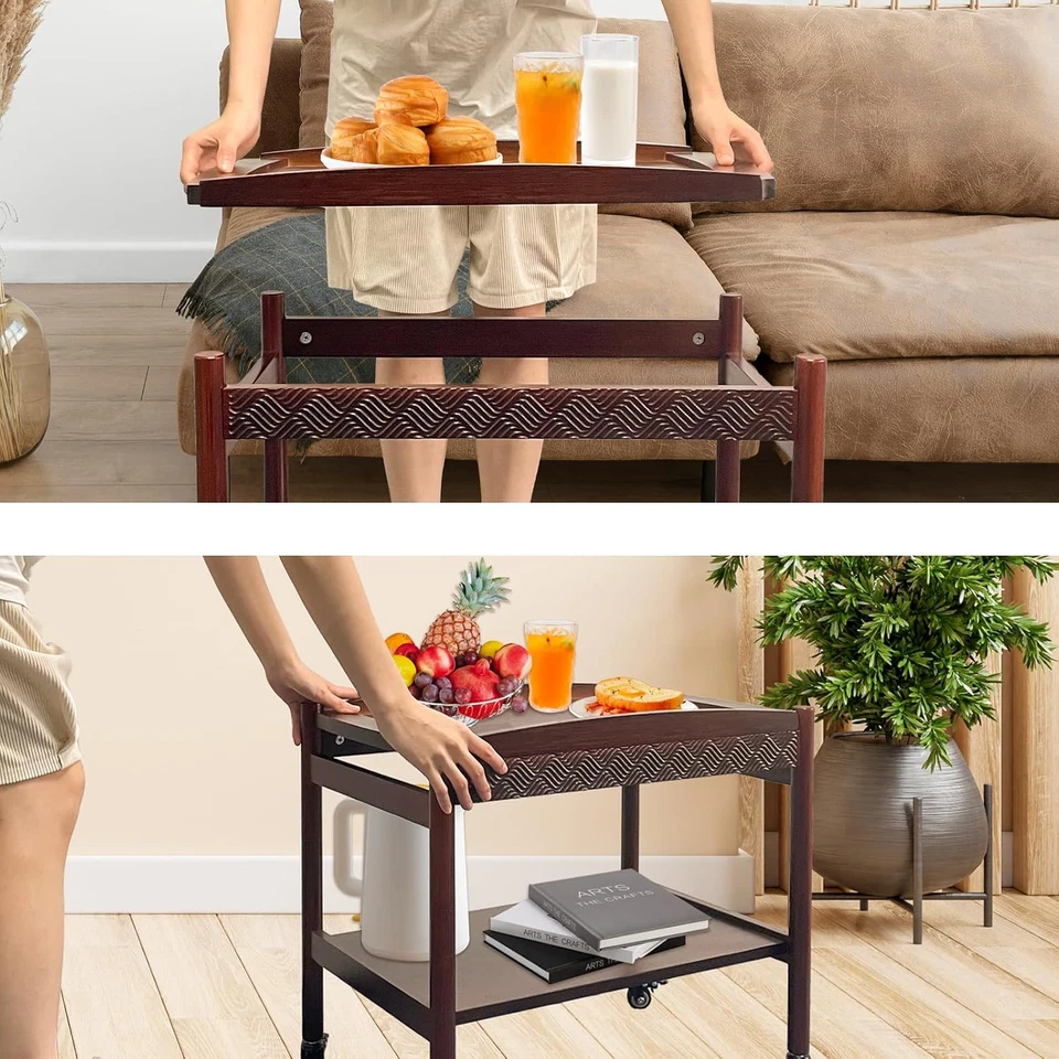 Mesa auxiliar de sofá de madera con ruedas, carro de té rodante de 2 niveles y carrito de café, Mob Foto 4 de 4