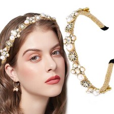Charming Gold Pearl Headbands Thin Rhinestones Baroque Bejeweled Hair Bands