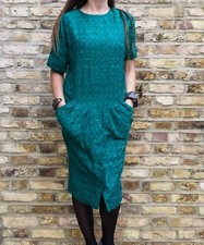 Green WOOL KNIT DRESS M 12 80s Pencil Cottagecore Midi Woven Boho Hippie winter