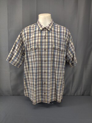 Redhead Shirt Men 3XL Button Short Sleeve Plaid Check Blue White Brown Cotton