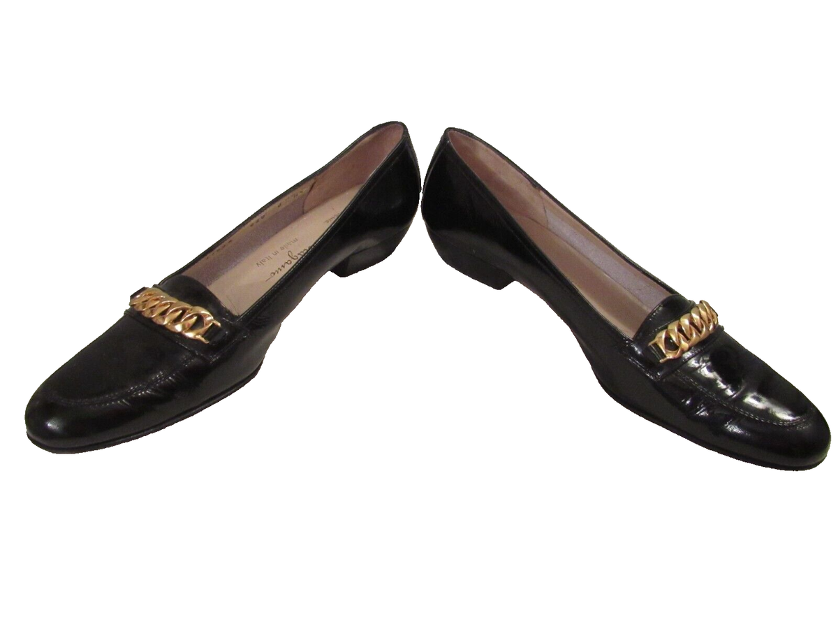 Salvatore Ferragamo Vintage Black Leather Gold Chain Loafer 