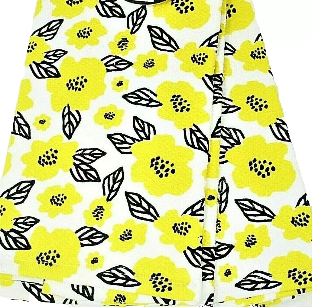 Kitchen Towels Set Of 2 dish hand Bright Yellow Gold & Black Flowers on  white