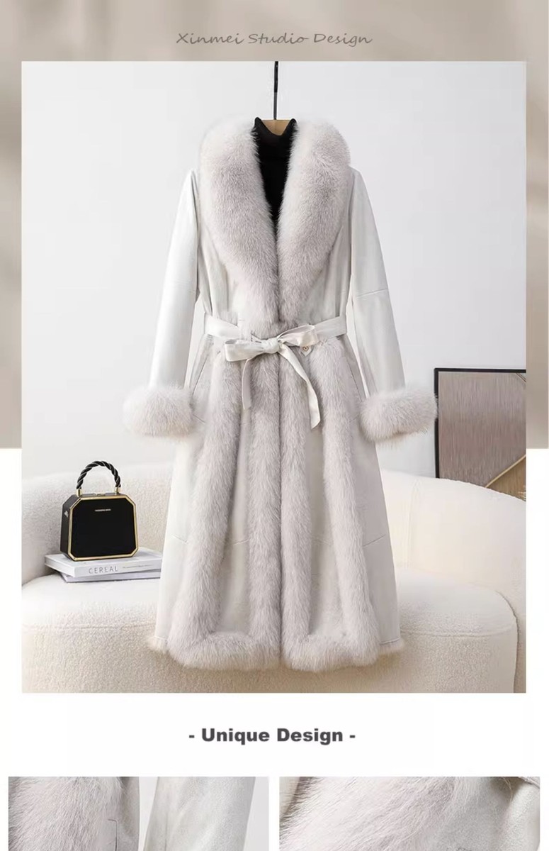 Real Leather Long Coat Women's Genuine Fox Fur Collar Cuffs Rabbit