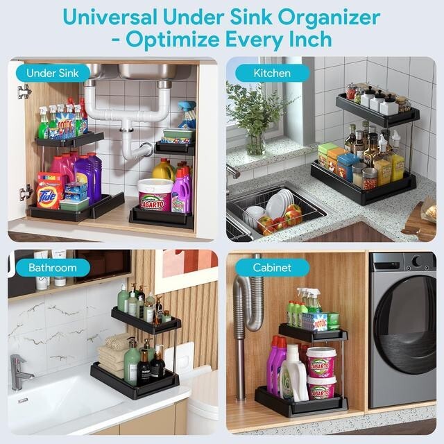 Under Sink Storage Shelf, 2 Tier Slide for Kitchen Cupboard Cabinet ...
