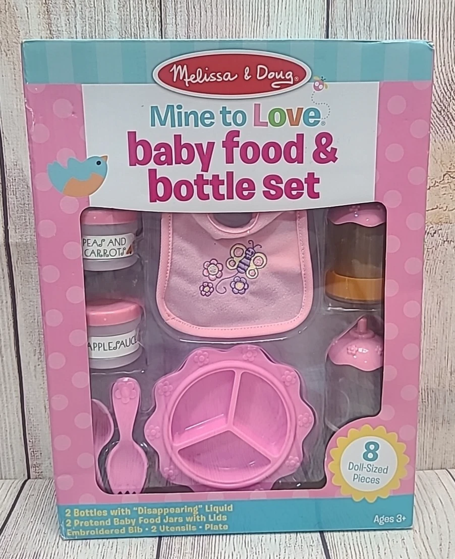 Melissa & Doug Mine To Love Baby Food & Bottle Set 8 Pieces Pretend Play New