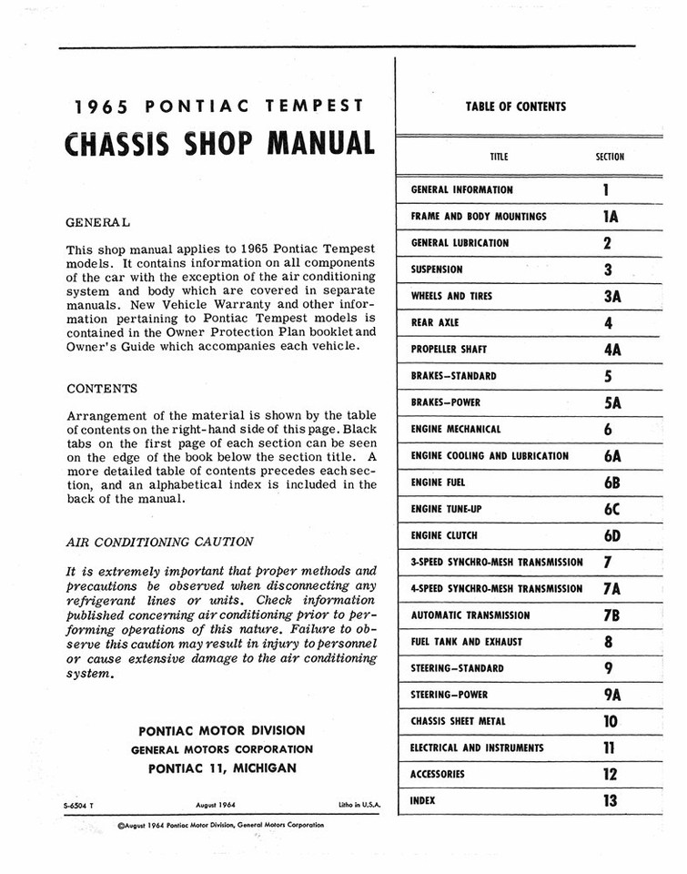 1965 Pontiac Models & Tempest Chassis Service Shop Repair Manual Brand