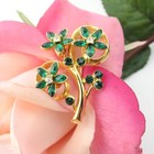 Flower Brooch Pin 2" Long Vintage Gold Tone Green Rhinestone