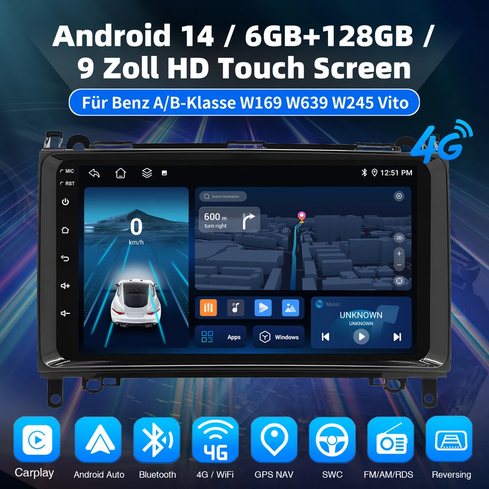 Autoradio 6+128G Android 14 Carplay Für Mercedes Benz A/B Klasse W169 Vito Viano - Bild 4 von 4