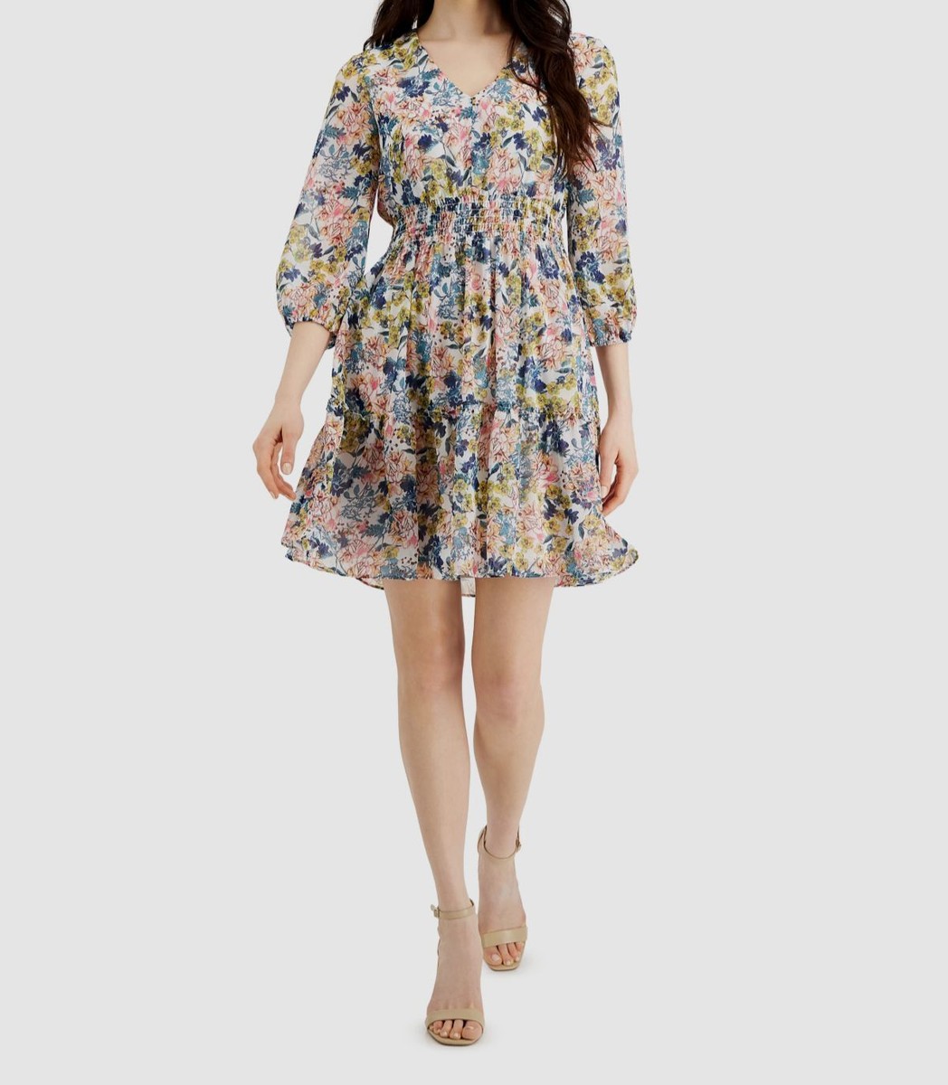 ★I AM MARI★ CHIFFON SHIRRING FLARE DRESS Floral Print Chiffon Shirring Flare Dress Women Midi Floral