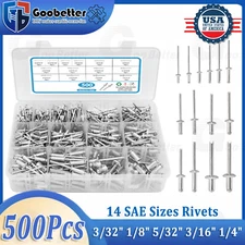 500x Pop Rivets Assortment Kit Aluminum Blind Rivets 3/32" 1/8" 5/32" 3/16" 1/4"