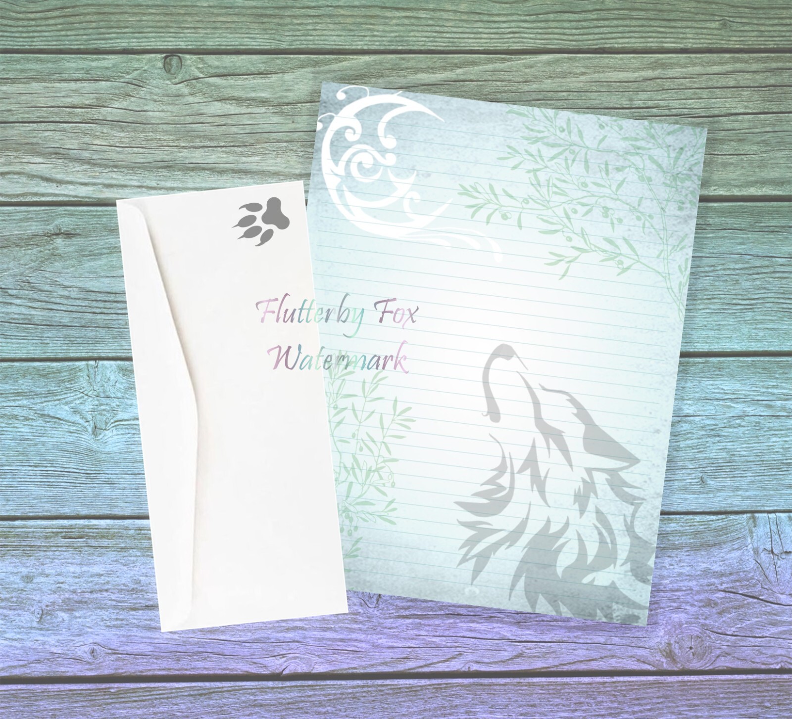 Teal Wolf Themed Writing Paper Stationery Set with 24 Lined and Unlined Sheets-image