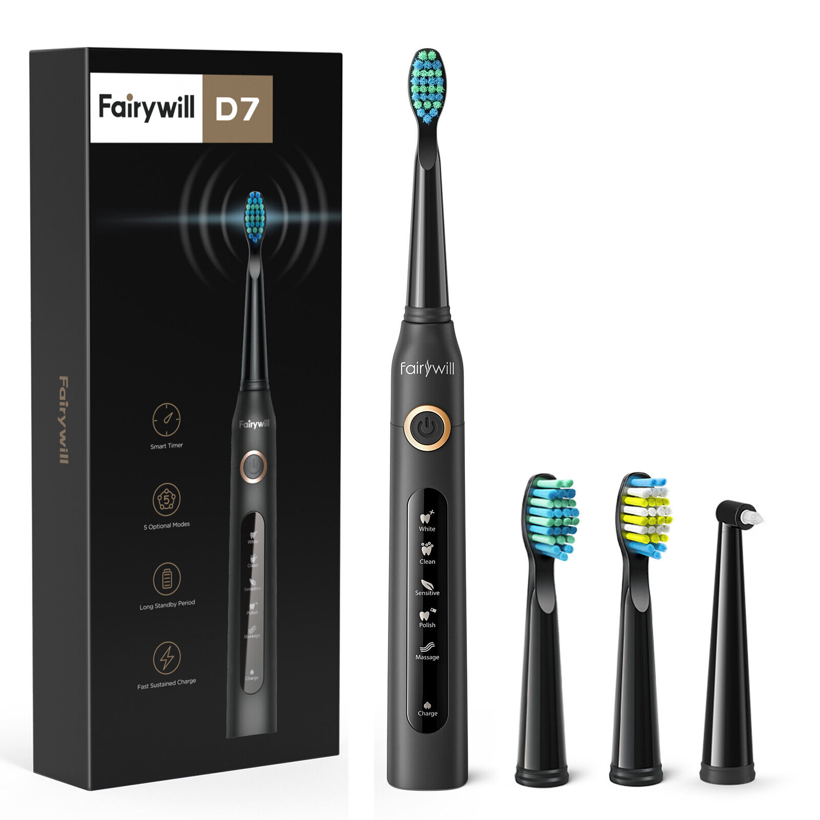Fairywill eléctrico cepillo de dientes sónico 5 modos de limpieza FW-507 Negro