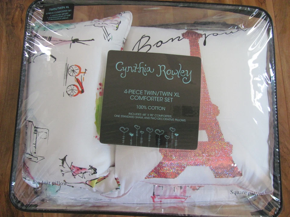 Cynthia Rowley Bonjour Paris Scenes-4 Piece Twin/Tn XL-Comforter Set-Pillows-New - Image 3 of 4