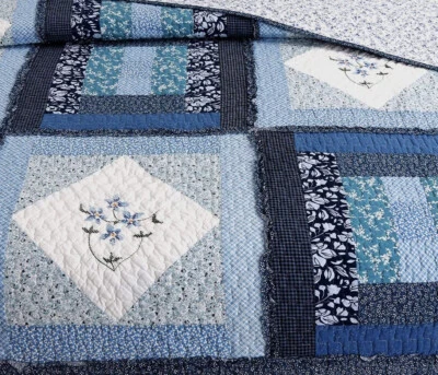 COZY COTTAGE BLUE PATCHWORK 3pc King QUILT SET : COTTON COTTAGE COZY FARMHOUSE FLOWER FREESIA