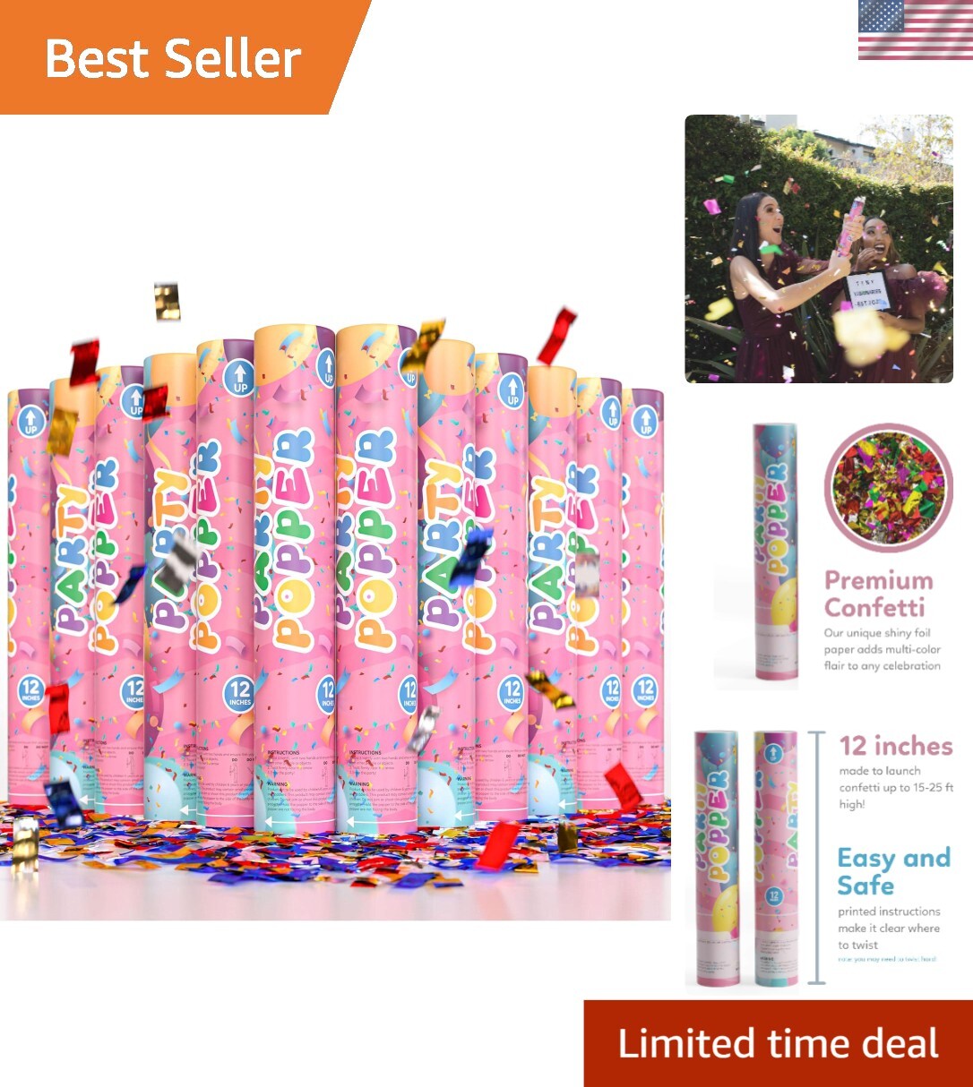 12 Pack of Vibrant Confetti Cannons – Perfect for New Year's & Weddings!