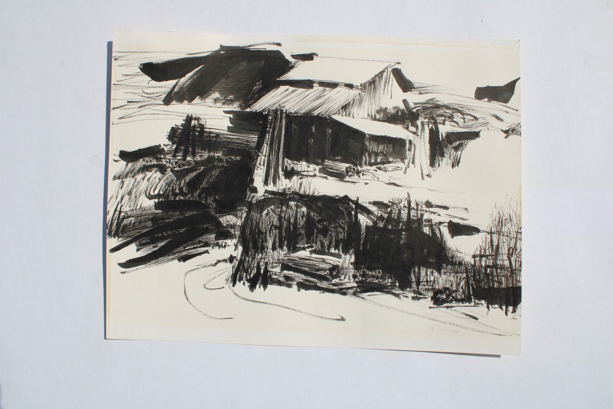 Original Sumi Ink Abstract Landscape Drawing Signed 9-3/4