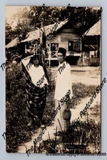 Malay Couple w Durian RPPC Antique Singapore Real Photo Postcard ~1920s