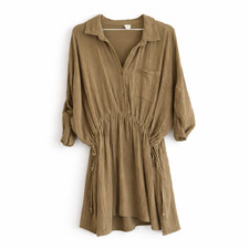 Flawless Oversized Shirt Dress – Size Small – Taupe Boho Drawstring Mini Dress