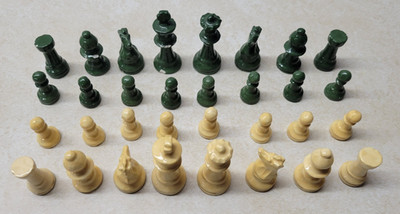 Rare Chess Set-Pieces ONLY Green & Yellow Chalkware some damage & dings AS IS