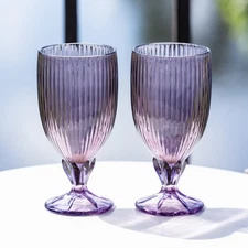 Fostoria Iced Tea Goblet 2 Monet Purple Flower Petal Stemmed Ribbed Bowl Vtg HTF
