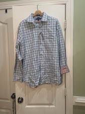 NEW Tommy Hilfiger 80 s 2 Ply Fabric Blue Plaid Long Sleeve Shirt L Flip Cuffs