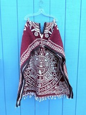 One Size Poncho Burgundy Red With White Hand Made In M xico Aztec Calendar