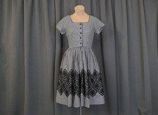 Vintage Black White Gingham Dress, Black Lace, Full skirt, 1960s Cotton, 34b