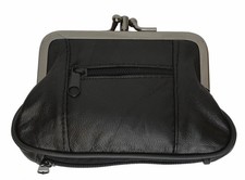 Black Real Leather Woman double frame Large coin purse Change NWT
