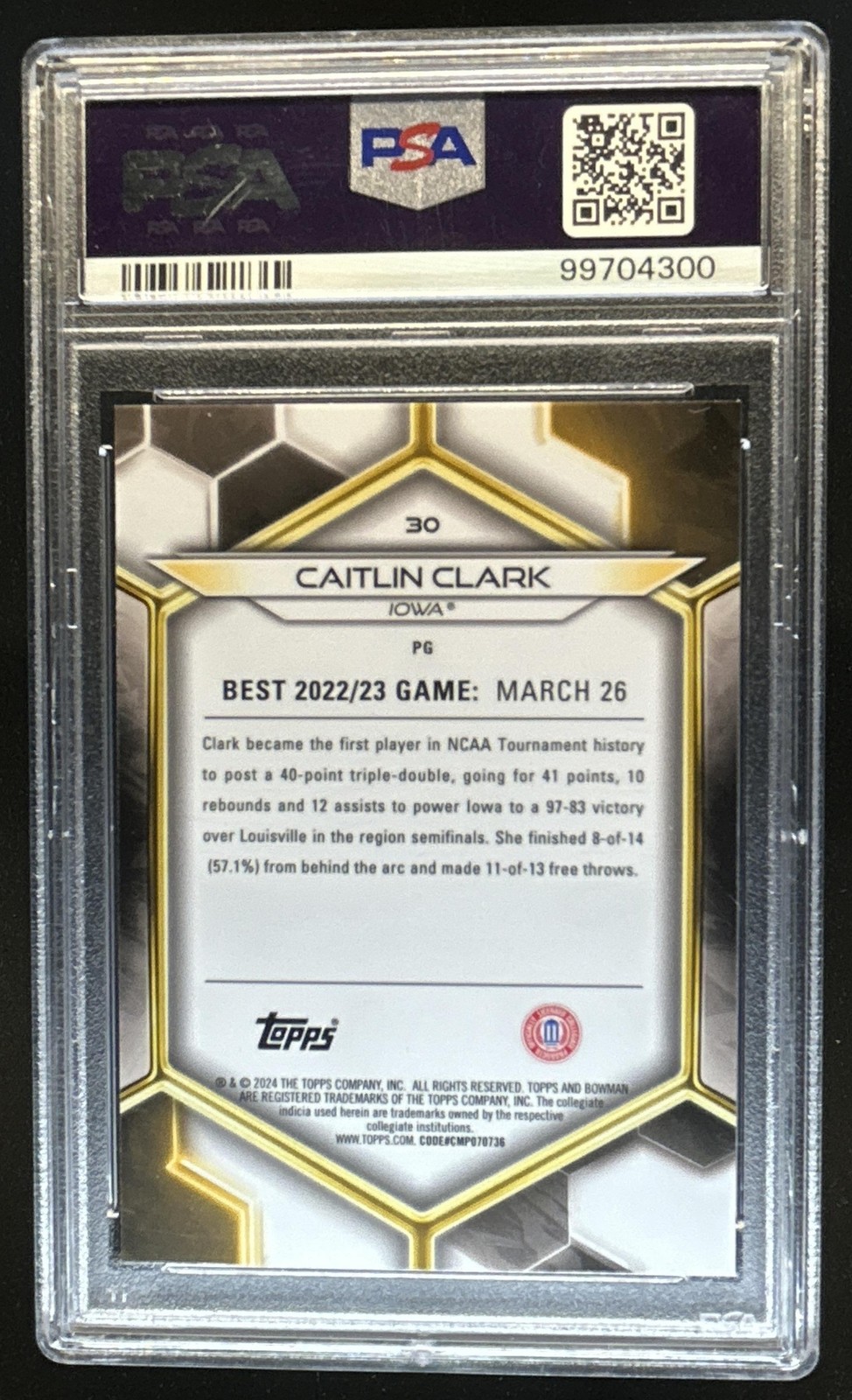 2023-24 Bowman Best University Caitlin Clark #30 Hawkeyes PSA 10 GEM MINT view 2