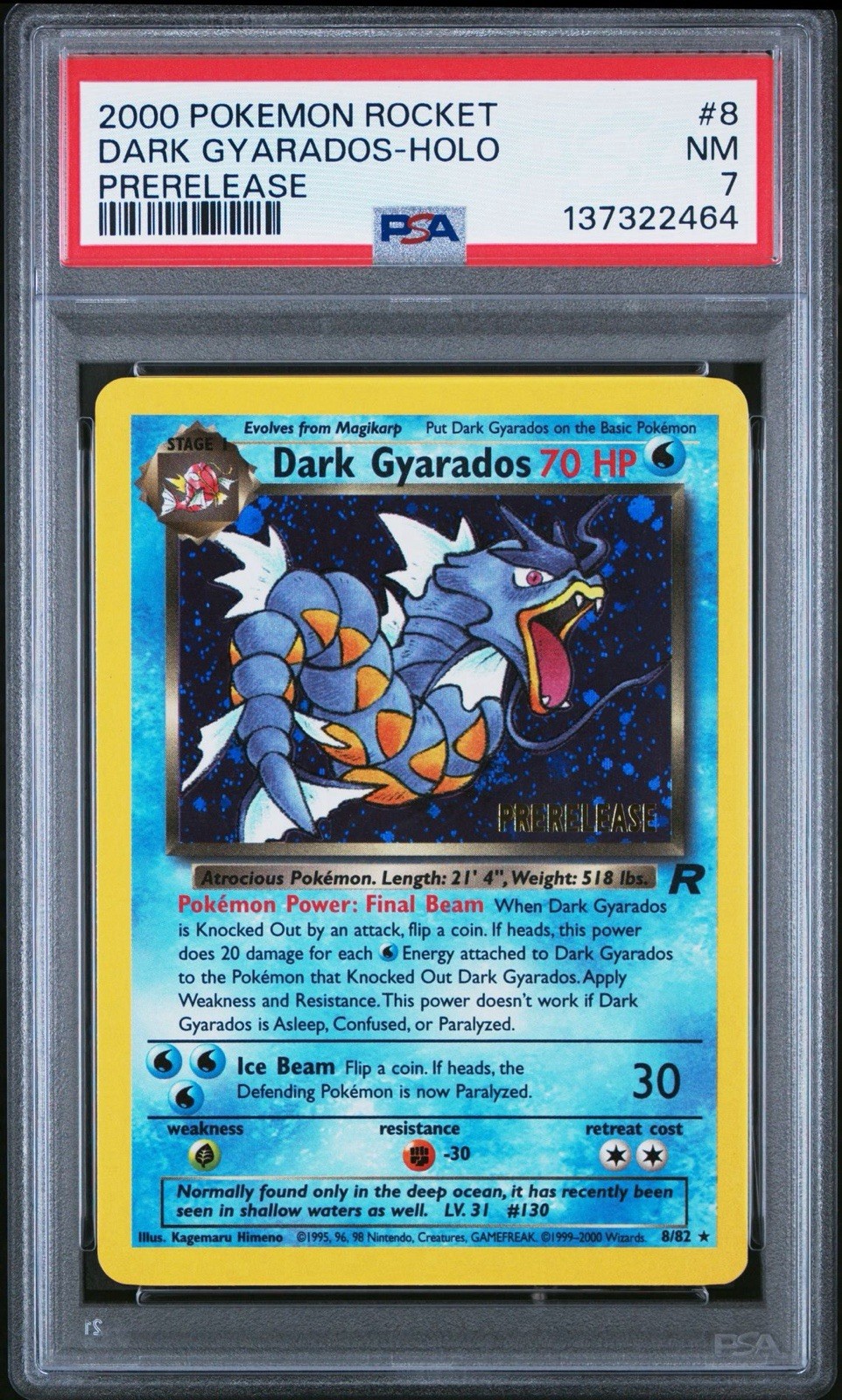 2000 POKEMON ROCKET PRERELEASE #8 DARK GYARADOS-HOLO PSA 7