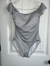 NWOT Vince Camuto Women's Sz 12 Black  White Striped Ruffle One Piece Swimsuit