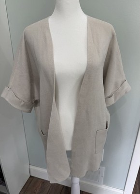 Eileen Fisher Bone Silk Cotton Interlock Elbow Short Sleeve Cardigan Petite LG