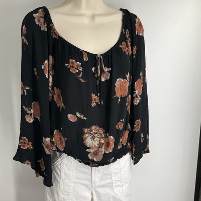 American Rag Floral Black Top Large Preppy Peasant Cottagecore 100% Rayon