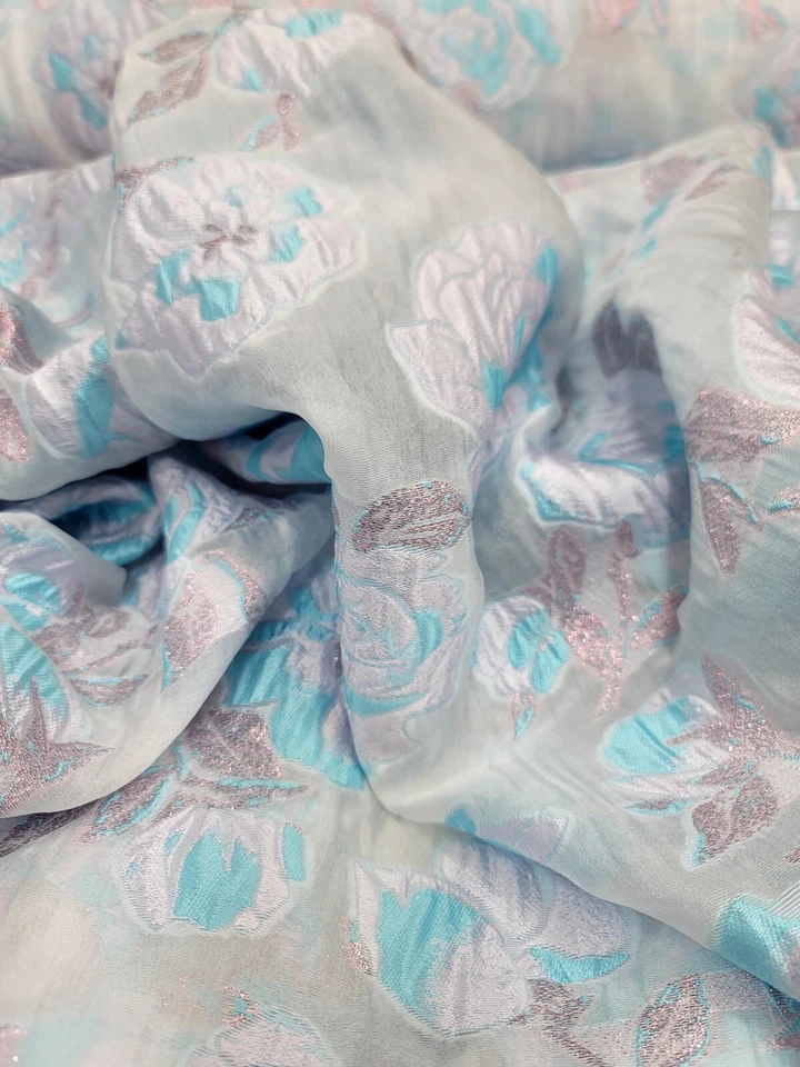 Brocade Lavender Blue Floral Flowers Fabric By The Yard White Organza For Dress - Image 4 of 4