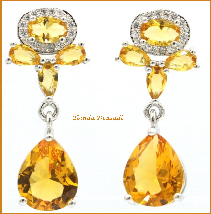 Pendientes Elegantes De Plata Con Citrino Color Amarillo y Blanco Para Fiestas