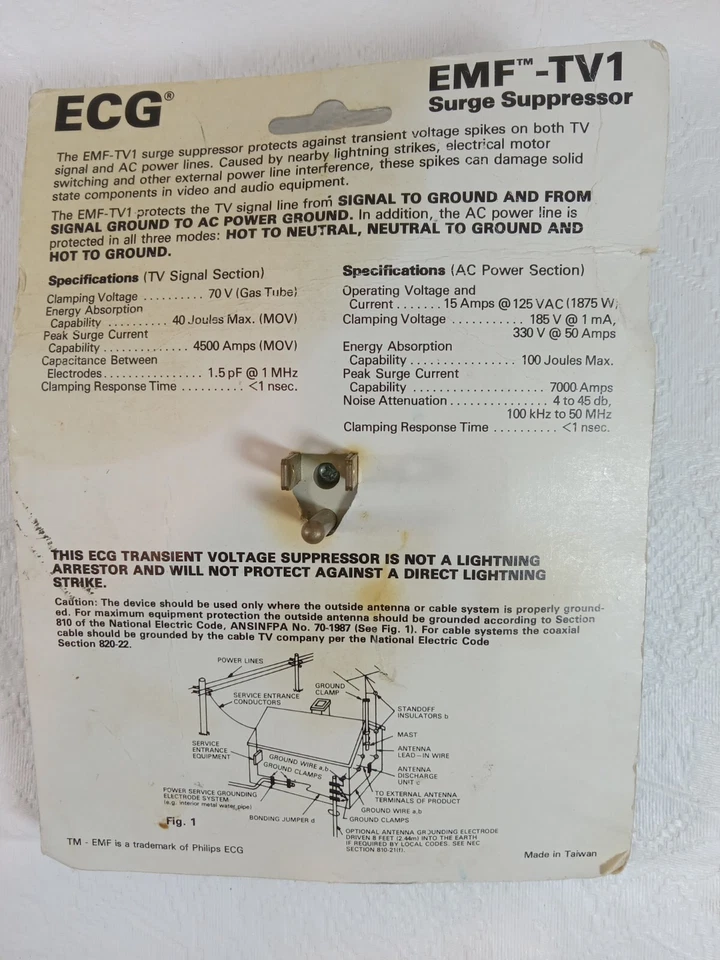 Philips ECG EMF TV1 Surge Protection TV VCR Cable Receivers Antenna NOS Sealed - Image 2 of 3
