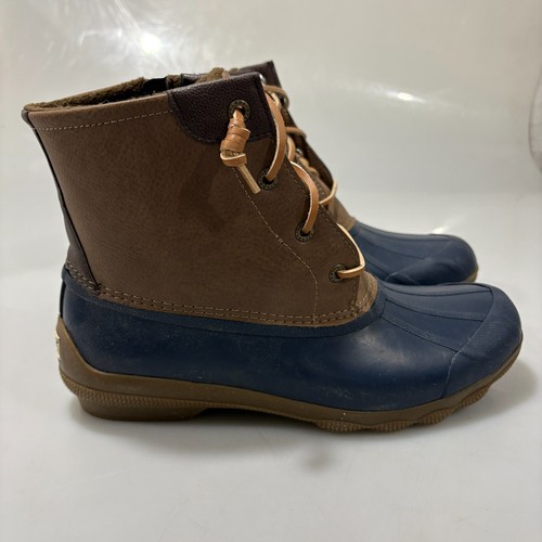 Sperry Womens 8.5 Syren Navy Blue Rubber Brown Leather Duck Boots NEW STS84628 - Picture 3 of 7