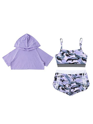 Girls 3 Piece Tracksuit Short Sleeve Hoodies Crop Tank Top Shorts Outfit Workout - Picture 20 of 25