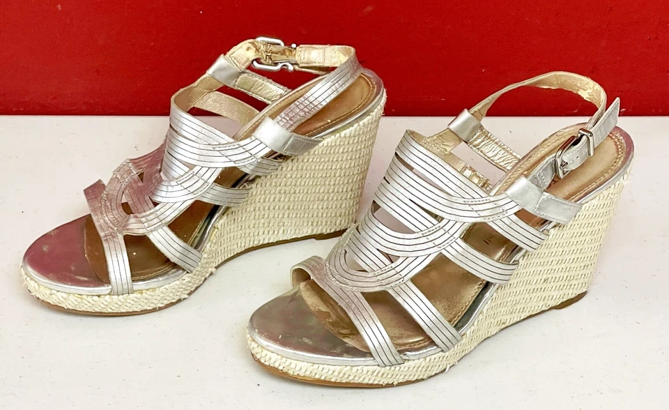 Antonio Melani Dayn Espadrille Wedge Sandals Silver Metallic Heels 5½ M - Image 2 of 4