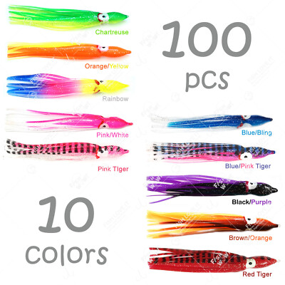 100pcs 10-color Fish WOW!  4.75'' Fishing Squid Skirts Octopus soft Hoochies 12cm