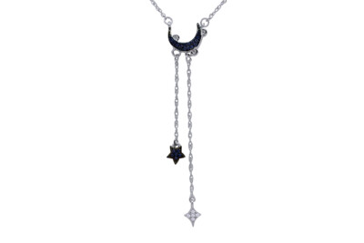 Blue &White Simulated Diamond Moon & Star Necklace  14k White Gold Plated Silver
