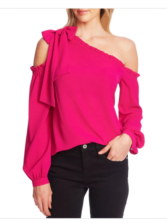 CeCe NWT Womens Ruffled One Shoulder Long Sleeve Bow Blouse XS Passion Pink 89