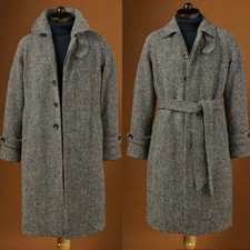 Tweed Men's Long Overcoat with Belt Stand Collar Formal Herringbone Outdoor Coat